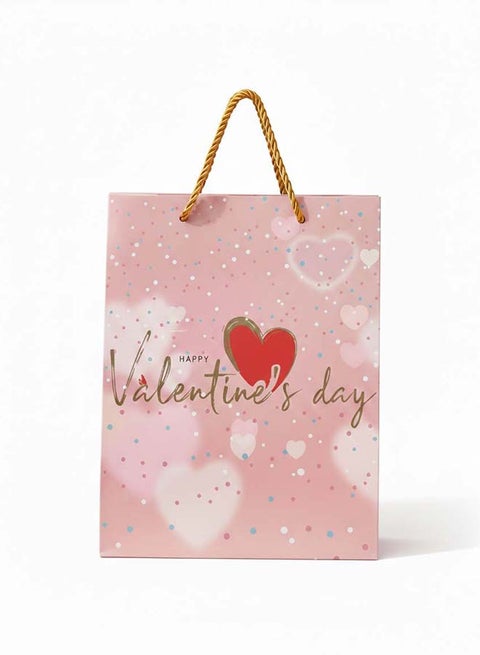 Elegant Soft Pink "Happy Valentine's Day" Bag - Heart Pattern with Gold Rope Handle